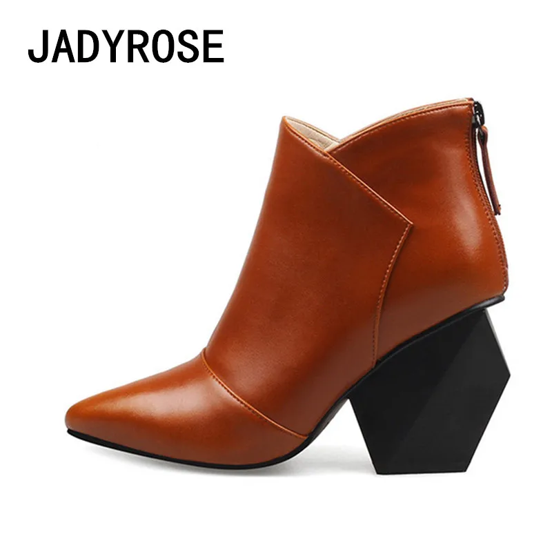 

Brown Real Leather Women Short Boots Black Winter Ankle Booties Pointed Toe 9cm Chunky High Heels Botines Mujer 2018 Woman Botas
