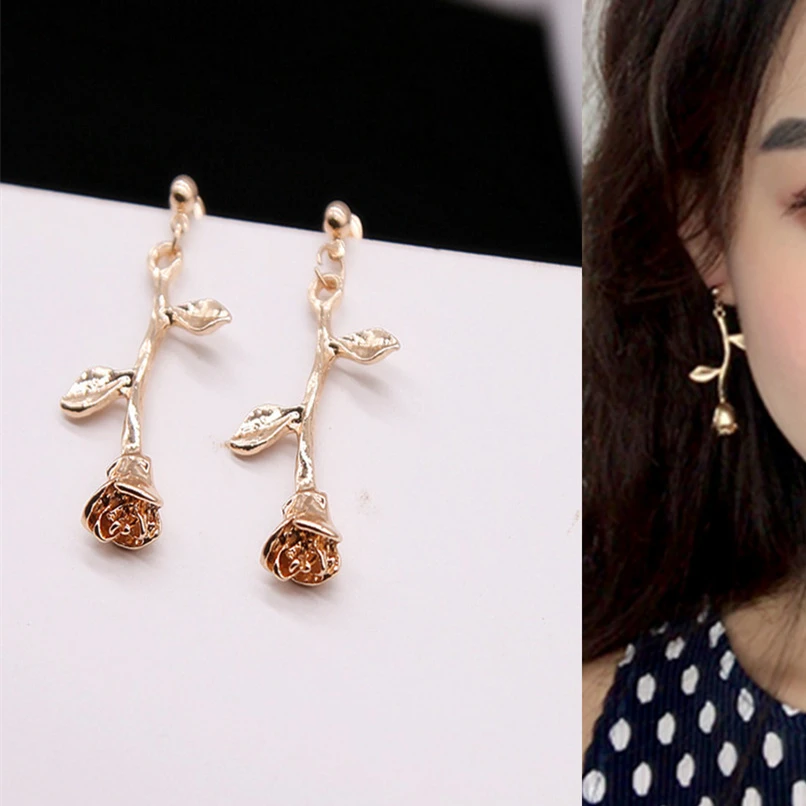 

E0308 New Arrival Vintage Champagne Rose Drop Earrings Women Flower Earrings Statement Ear Jewelry Exquisite Gift Wholesale