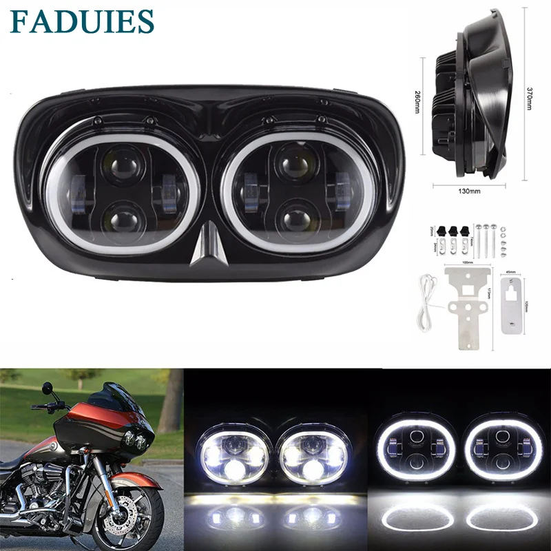 FADUIES 80W LED Projector Road Glide Headlights Assembly Angel Eyes Halo DRL Dual headlamp For Harley Road Glide head lamp (4)
