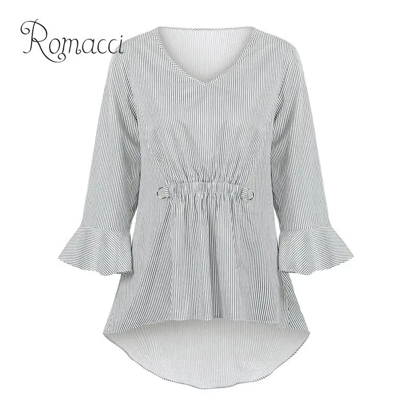 

Romacci Women Striped Blouse Flare Sleeves V-Neck High-Low Hem Autumn Boho Tunics Elastic Waist Elegant Long 4XL 5XL Shirt Top