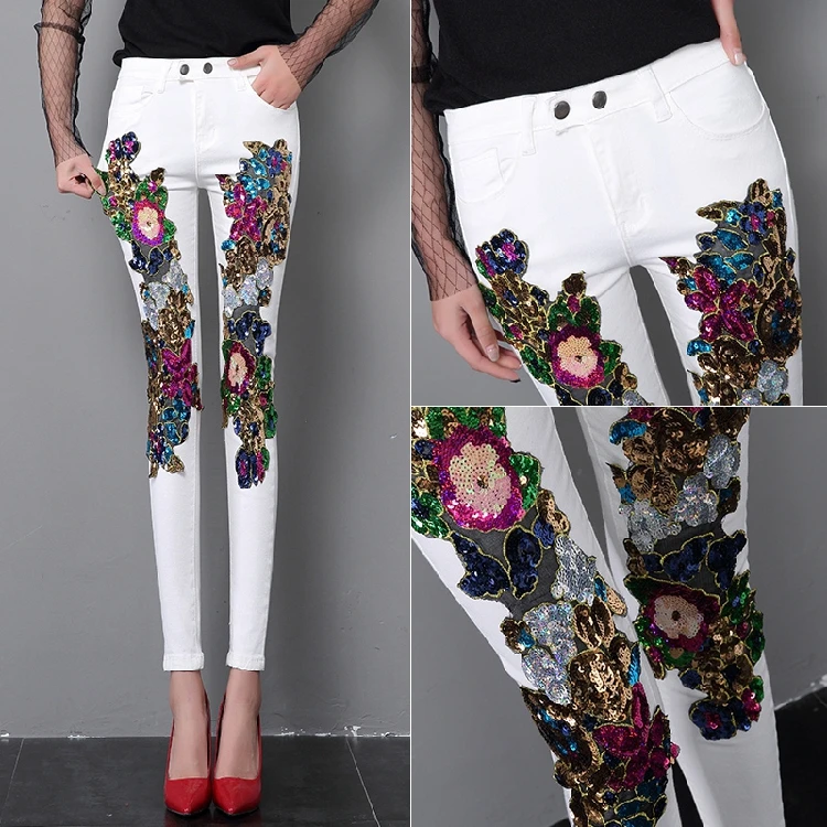 Весенние и летние женские белые джинсовые брюки с блестками, обтягивающие универсальные базовые узкие брюки, студенческие Стрейчевые джинсовые брюки