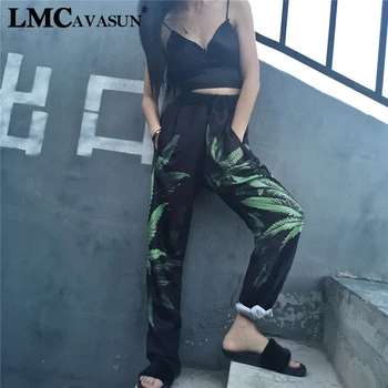 

LMCAVASUN Summer Vintage Harajuku Style Casual Loose Wide Leg Pant Women Leaf Print Elastic Waist Trousers Unisex