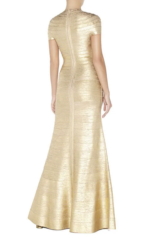 Высокое качество вечернее платье Русалка повязки под дерево фольга печати золотые платья длиной до пола