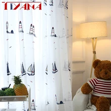 Средиземноморский стиль, Детская льняная прозрачная вуаль, занавески, вышитая парусная лодка, Белый Тюль, занавески для детей, для мальчиков, для спальни, P2252