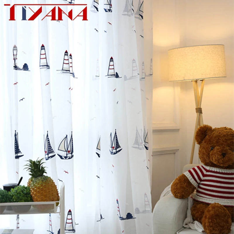Custom Children Kids Boy Boat Embroidery Ivory White Sheer Net Curtain Panel
