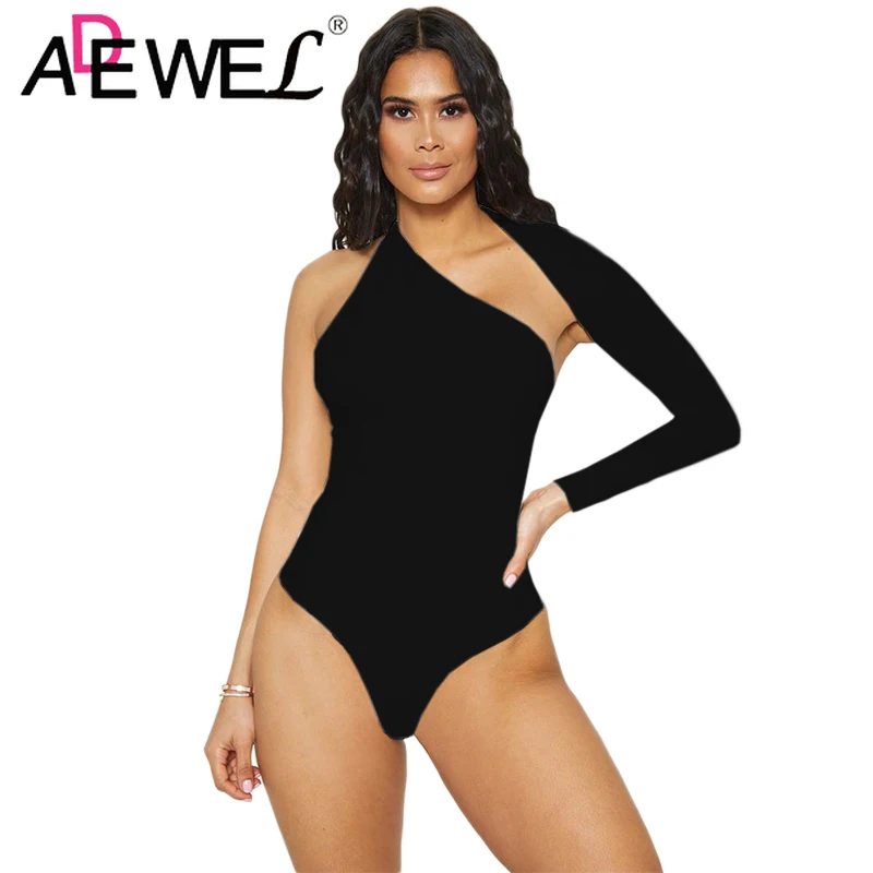 

ADEWELCotton One Shoulder Slope Neckline Bodysuit Single Long Sleeve 2019 New Sexy Autumn Bodysuits Basic Elegant Playsuit Femme