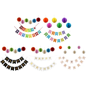 

HAPPY BIRTHDAY Rainbow Banner with Tissue Poms Birthday Party Supplies Birthday Flag Paper Flower Ball Suit Decorative