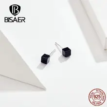 Bisaer Классика 925 пробы серебристый, черный стильный эмали квадратную форму маленькие серьги-гвоздики для Для женщин звезды модные серьги ювелирные изделия из жемчуга ECE652