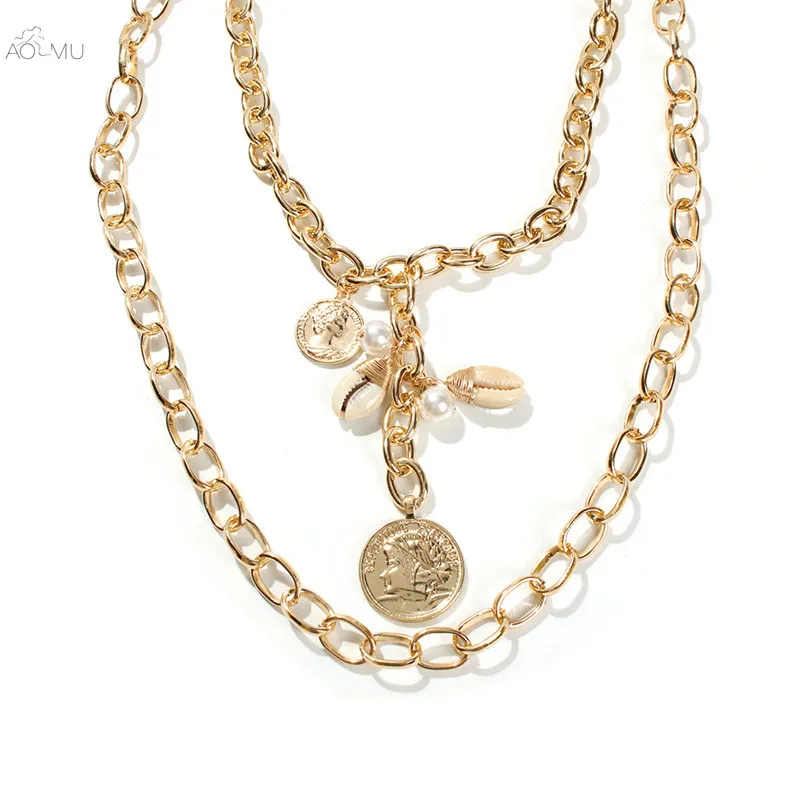 

AOMU 2019 Beach Multi-layer Necklace Gold Color Natural Shell Imitation Pearl Pendant Necklace Bohemian Jewelry For Women