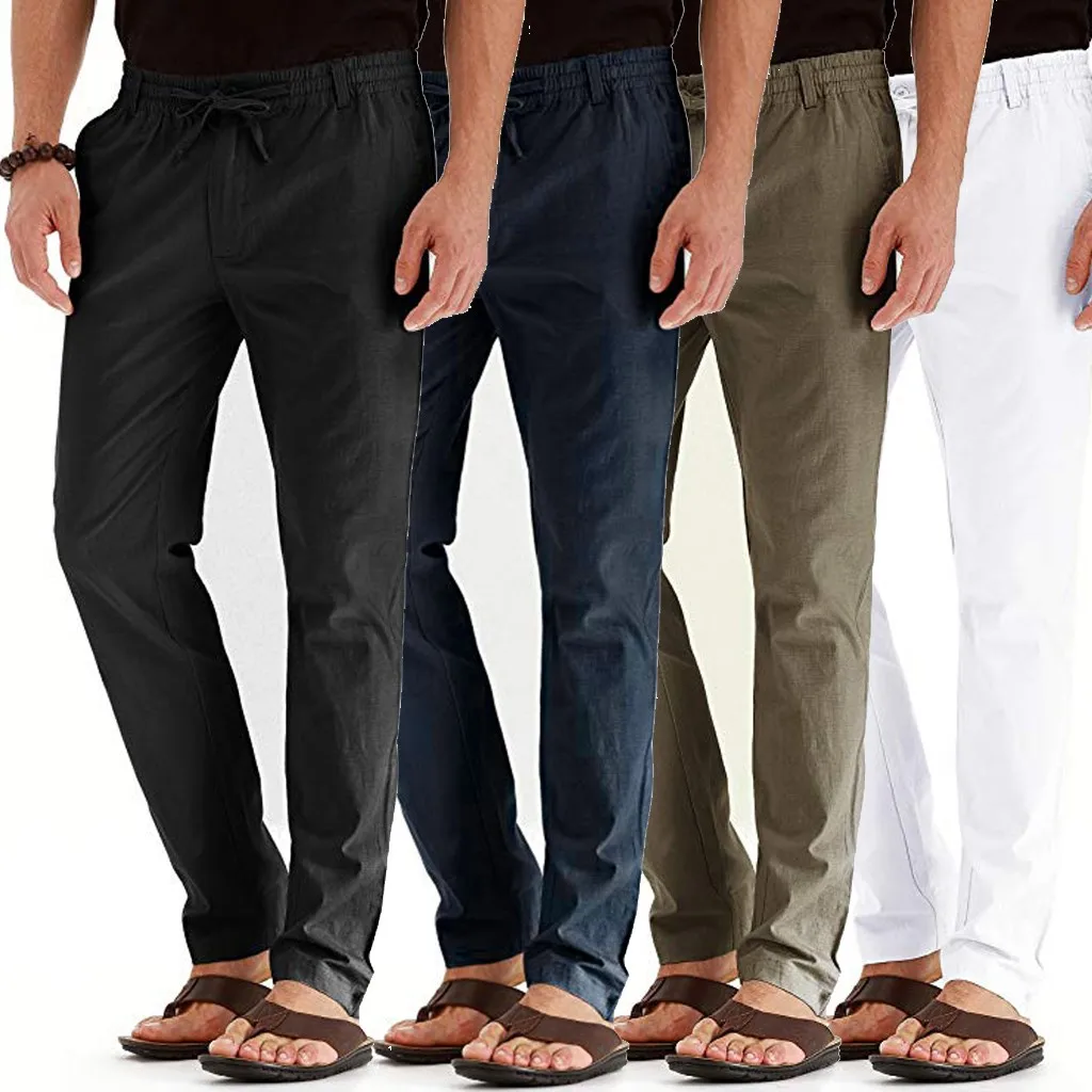 Men's Casual Linen Breathable Loose Long Pants Solid Color Straight ...