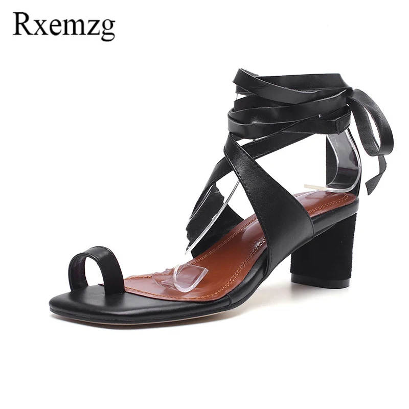 

Rxemzg Genuine leather gladiator woman sandals 2018 summer cross-strap square med heels ankle wrap ladies shoes plus size 33-43