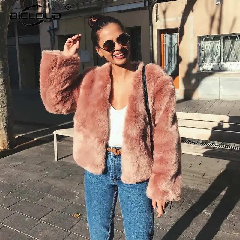 Clearance Sale 2019 Pink Short Faux Fur Coats Thicken Warm Winter