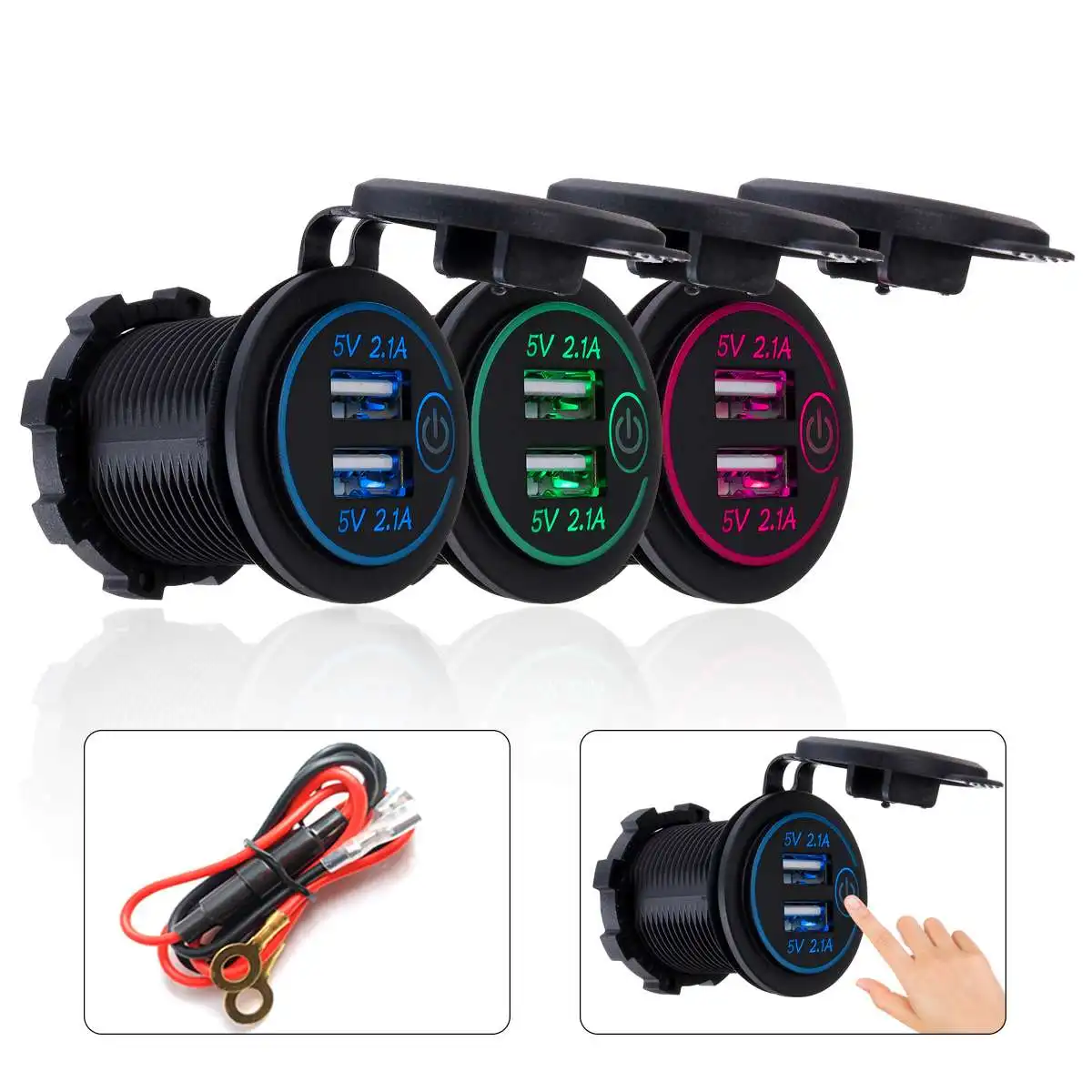 

12-24V Touch Switch Dual USB Port Car Charger Cigarette Lighter Socket Splitter Power Adapter USB Car Charger Adapter+Power Line