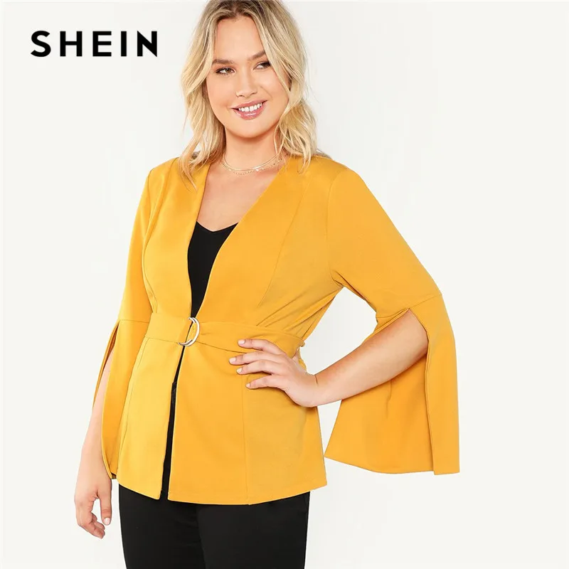 SHEIN Plus Size Split Sleeve Belted Women Workwear Blazer Long Sleeve Plain Wrap Outerwear