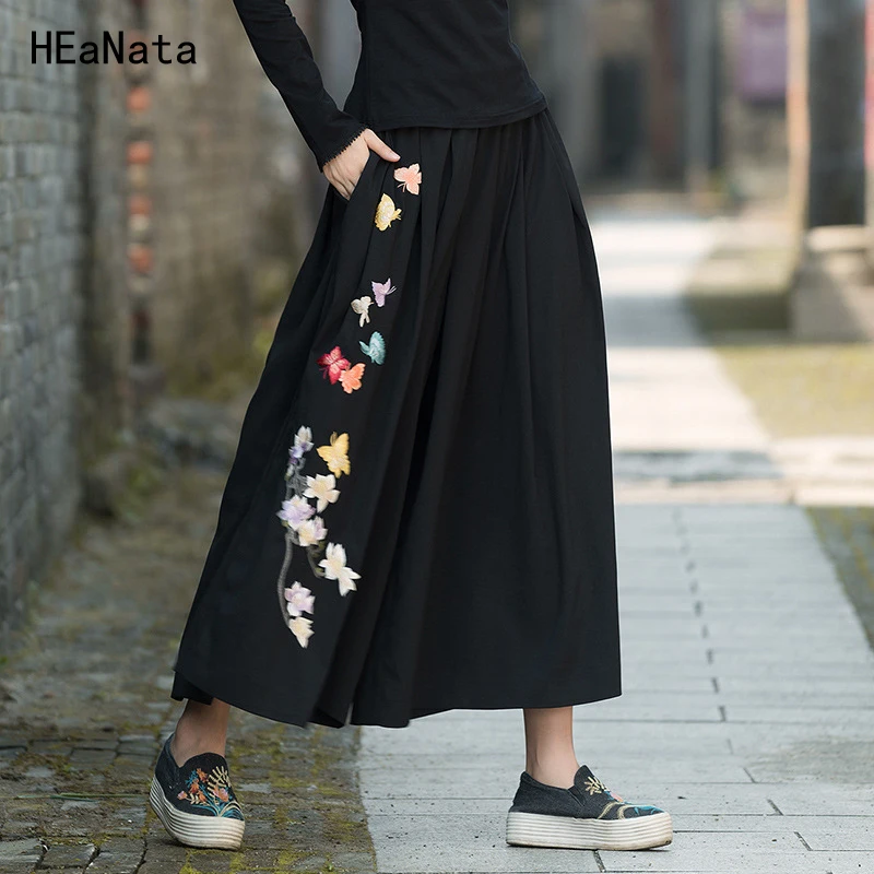 

Ethnic Pantskirt Black Wide Leg Pants Women Autumn Boho Designer Long Butterfly Embroidery Skirt Traditional Chinese Clothing