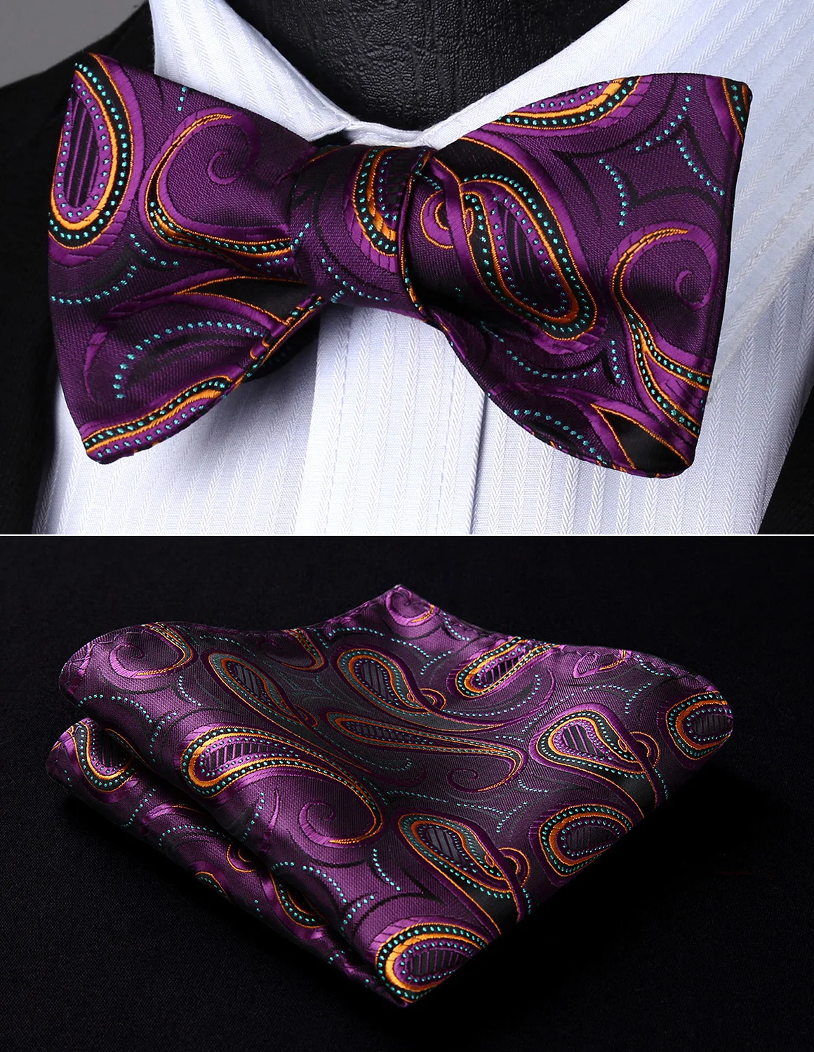 

Party Pocket Square Classic Wedding BP821PS Purple Orange Paisley Bowtie Men Silk Self Bow Tie handkerchief set