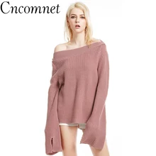 Spring Girl Knitted One Word Collar Trumpet Sleeve Pullover Individual New Large Size Solid Color Women Loose Sweater