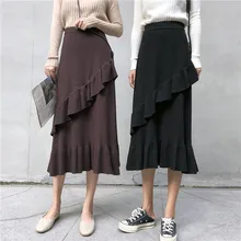 Lychee/женские длинные однотонные юбки с оборками и эластичной резинкой на талии; женские прямые юбки; сезон весна-осень; Милая юбка в школьном стиле