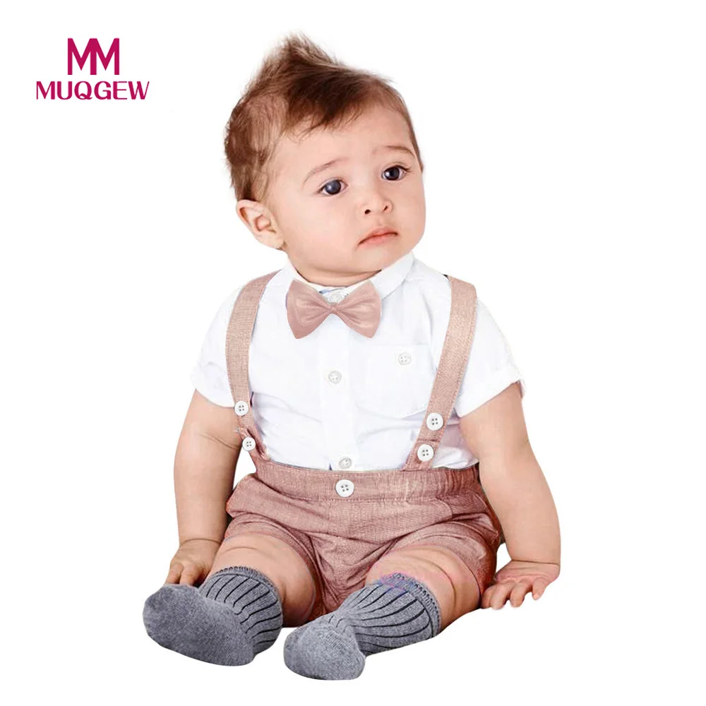 

MUQGEW 2019 Best Selling Elegant Evening Dresses Kids Baby Boys Summer Gentleman Bowtie Short Sleeve Shirt+Suspenders Shorts