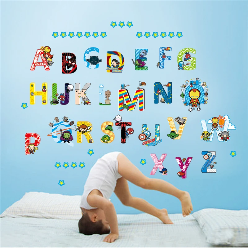 

Cartoon Super Heros Alphabet Wall Stickers Kids Study Room Home Decoration Diy English Letter Nursey Mural Art Wall Decal Poster