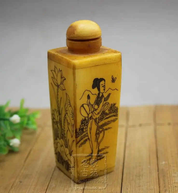 

Free shipping Chinese rare antique rhinoceros horn snuff bottle painting beauty