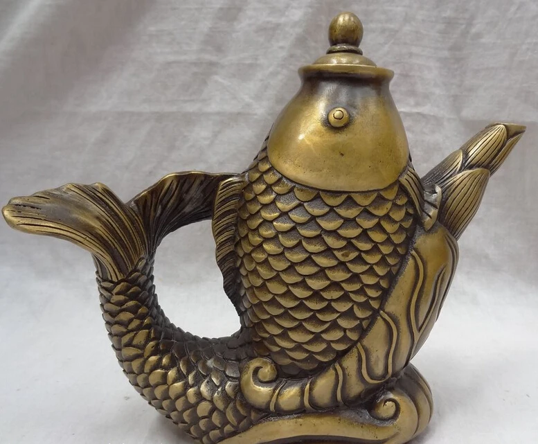 

JP S0114 9" Chinese Bronze Wealth Jump Fish Ball Statue Bamboo Shoots Wine Pot Teapot Set B0403