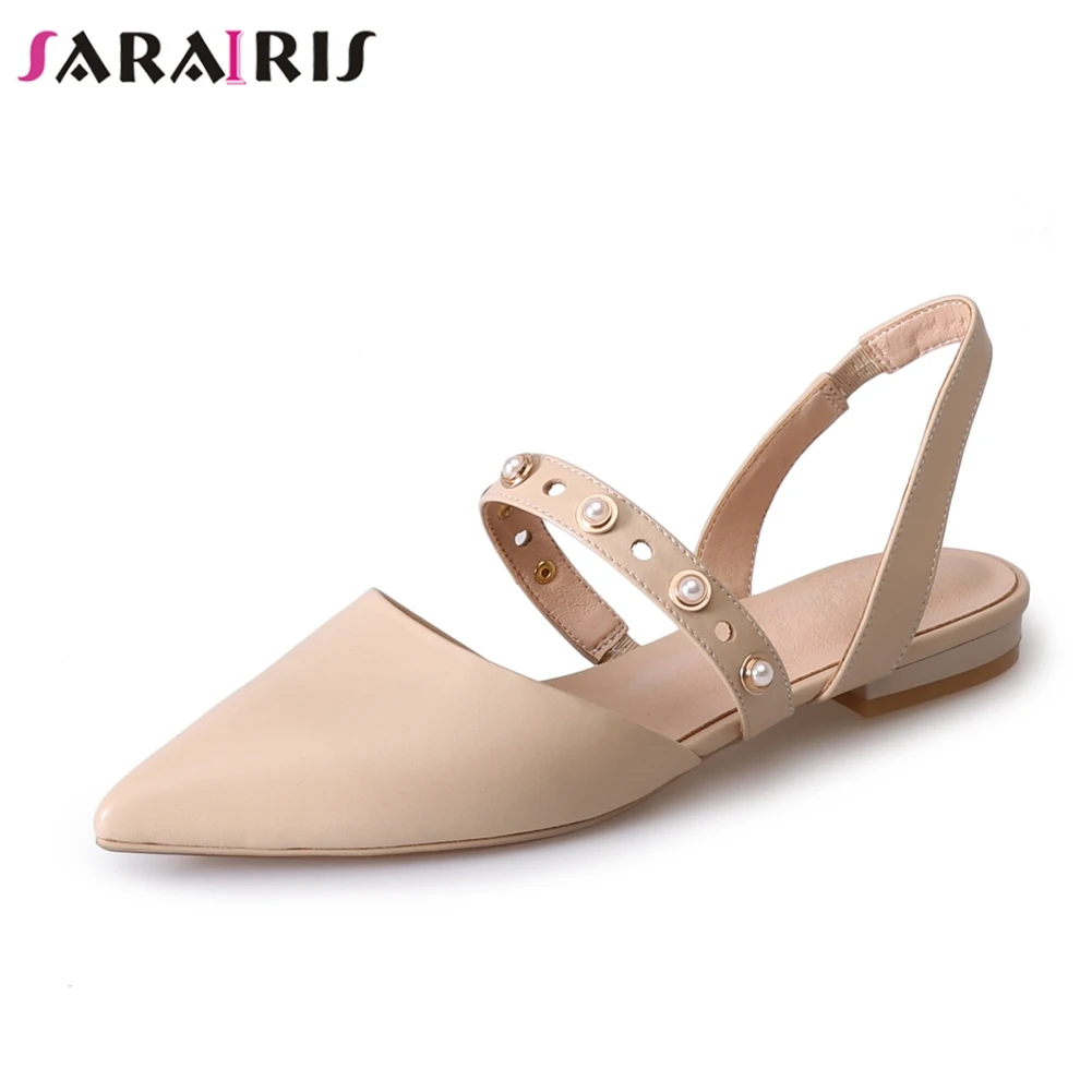 

SARAIRIS 2019 Brand Design Genuine Leather Rivets Pointed Toe Women Flat With Summer Date Comfortable Sandals Woman Shoes