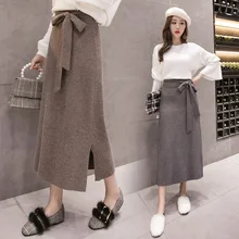 НОВАЯ Трикотажная юбка средней длины с высокой талией в Корейском стиле, галстук-бабочка, шерстяная юбка средней длины, одношаговая юбка