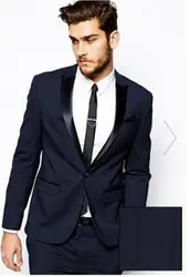 2019 модные темно-синие мужские Костюмы Блейзер с брюками 2 шт (куртка + брюки) приталенный Повседневный заостренный лацкан куртка для