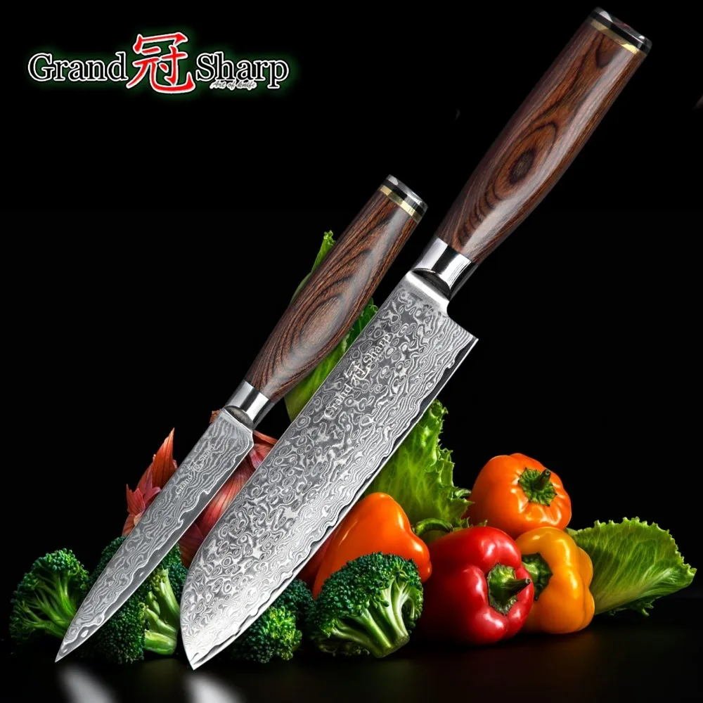 

Damask Knife Set 2 pcs Damascus Japanese Stainless Steel VG10 Santoku Utility Knives Cooking Kitchen Chef Knife set of Tools