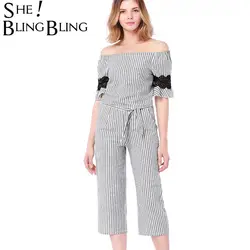SheBlingBling женская одежда Комплекты летние пляжные Flare рукавом шорты полосатые штаны с карманами вечерние топы 2 шт. пикантные Suitsets