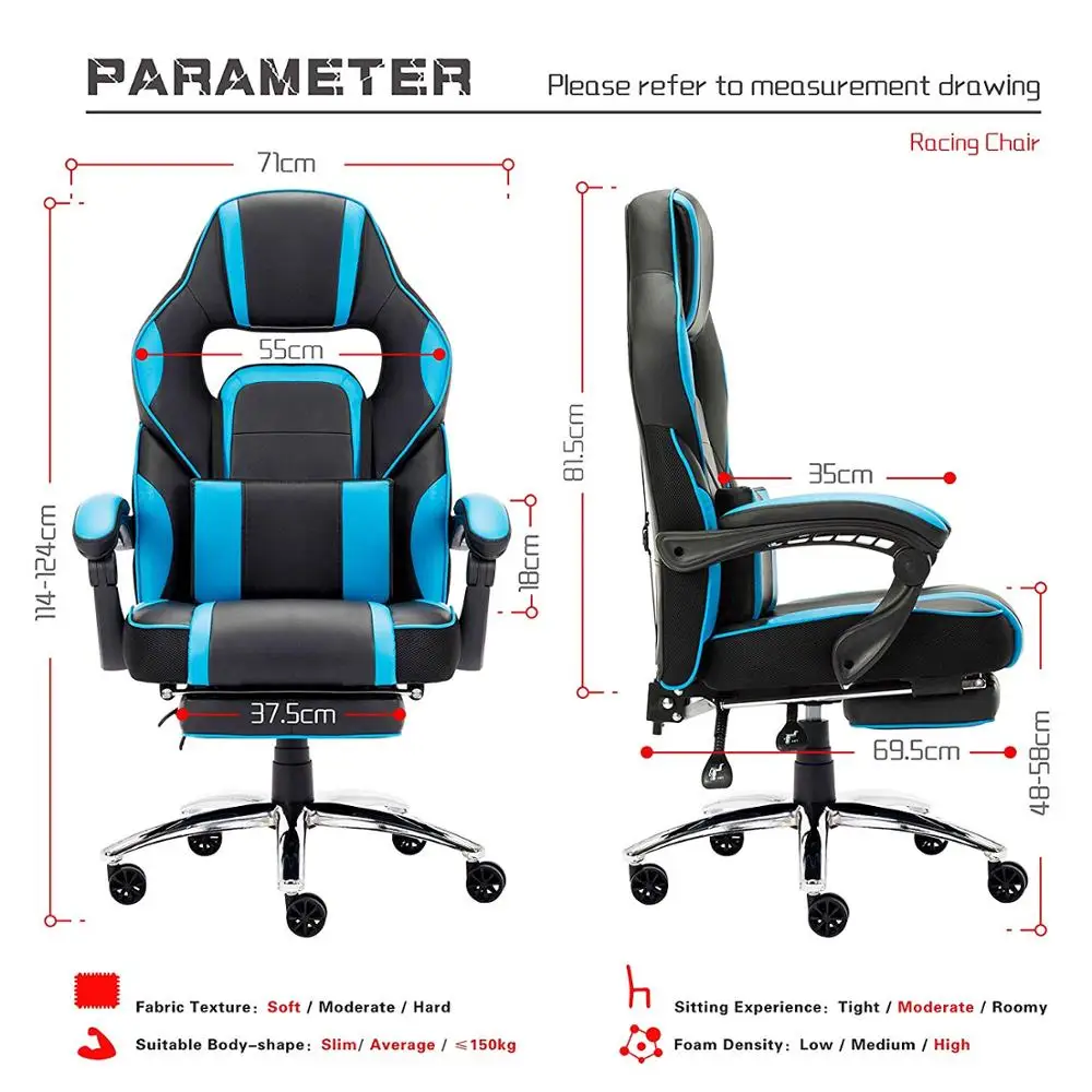  Leather Office Gaming Chair Racing Gaming Chair with Footrest and Lumbar Cushion Reclining Working 
