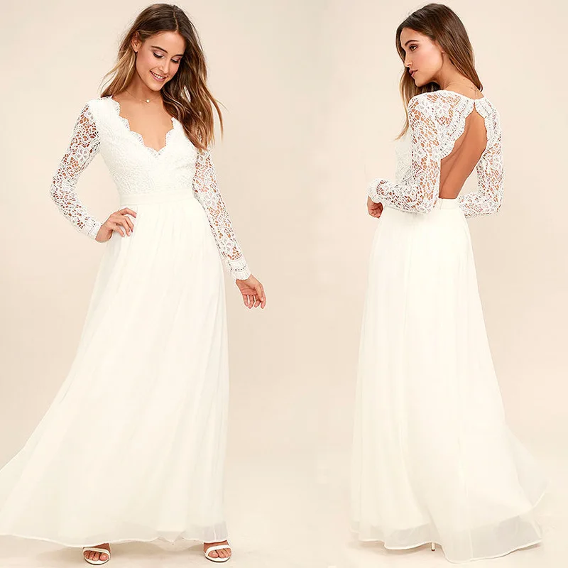 White Wedding Dress 2018 Long Sleeve Chiffon Lace Bridal