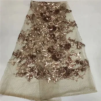 

2019 high quality sequence French Nigerian sequins net lace,African tulle mesh sequence lace fabric for dress 5yards/lot Gold