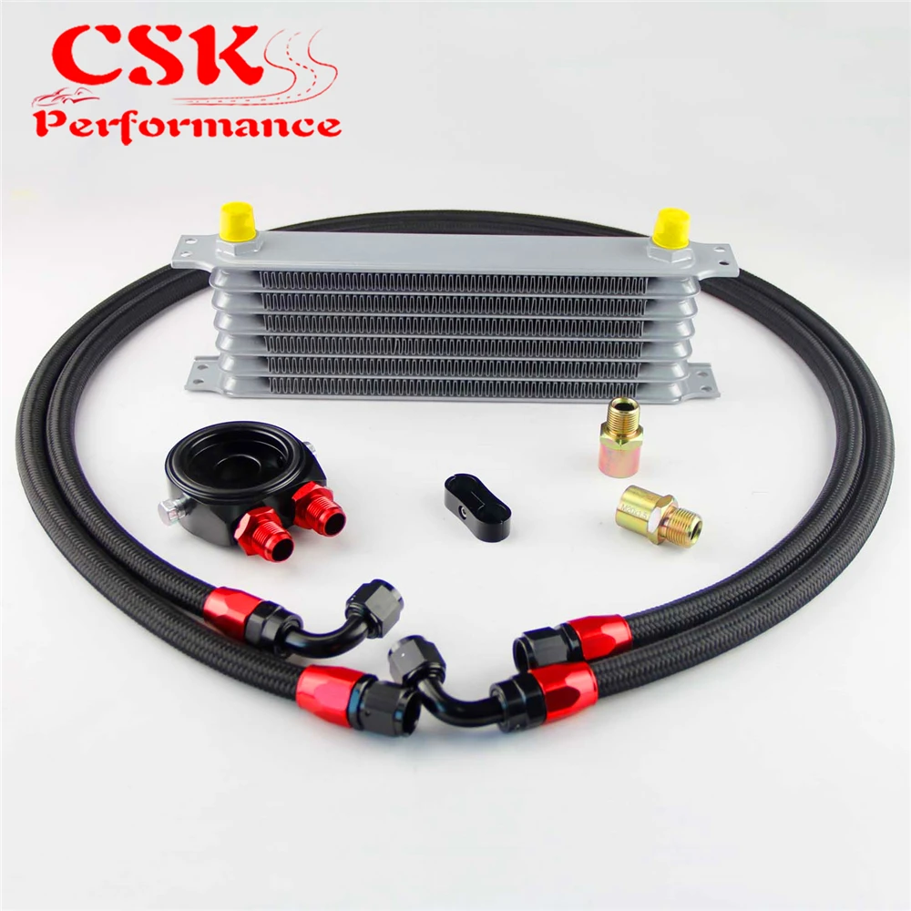 

AN8 7 Row 262mm Universal Engine Transmission Oil Cooler Trust Type + 8AN Filter Adapter Stainess Steel Hose Kit Black/Silver