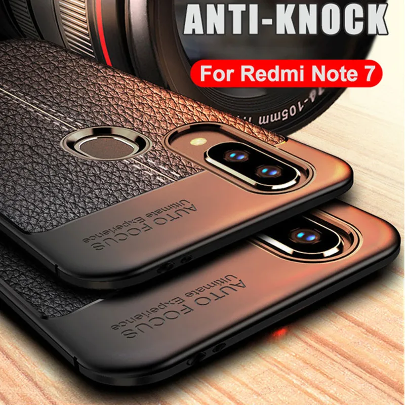 

Luxury Rugged Soft TPU Silicone Phone Case For Xiaomi Redmi 7 Note 7 Pro Note7 Pro Leather Litchi Pattern Shockproof Back Cover