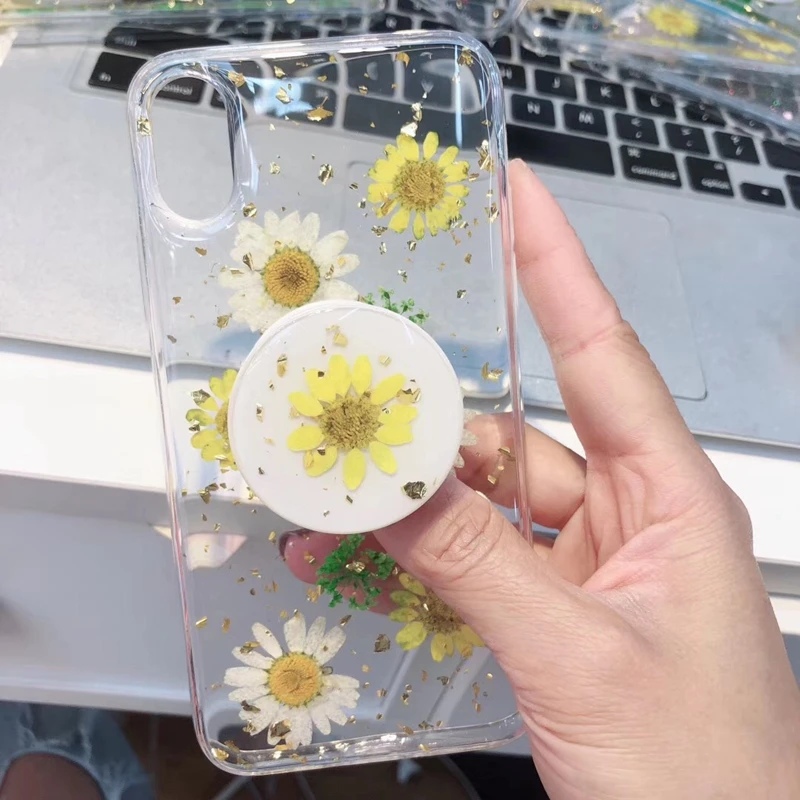 

Real Dried Flowers Transparent Kickstand Phone Case For iPhone X XS Max XR 6 6S 7 8 plus Protective Phone Back Cover Coque
