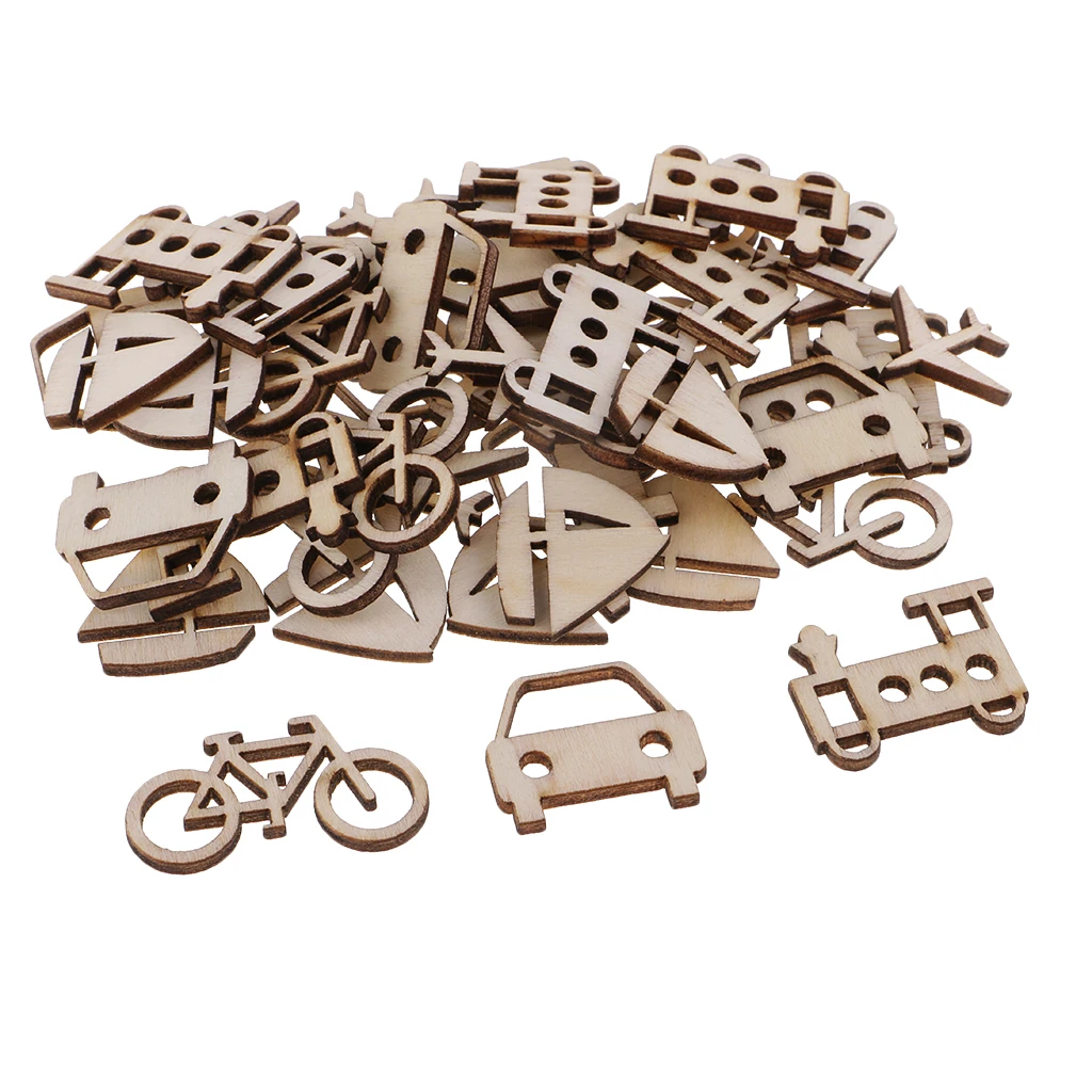 50pcs Unfinished Wood Vehicle Wooden Shapes Cutout Slices Scrapbooking Embellishments for Kids DIY Craft 