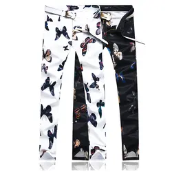 Осенние мужские брюки с цветочным принтом, Азиатский размер 28-38, мужские брюки белого и черного цвета