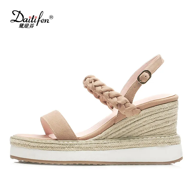 

Daitifen Wedges Sandals Women High Heel Platform Sweet Pink Braid Leather Woman Wedges Sandals Ladies Summer Straw Wedged Shoes