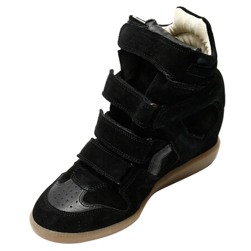 

Luxury Fashion Brand Genuine Leather Height Increasing Casual Shoes Women Hidden Wedges Sneakers Hook Loop Trainers High Top