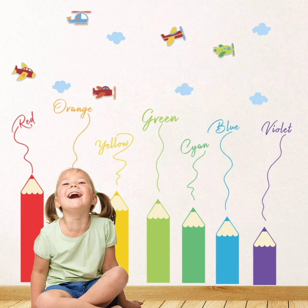 

Colorful Pencil Removable Baseboard Wall Stickers for Bedroom Kids room Wall Decoration Cartoon Airplane Decals Art Murals Home