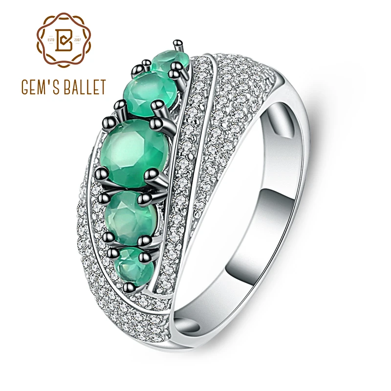 Gem's балетные костюмы 1.22Ct круглый натуральный зеленый агат, натуральный камень, винтажные кольца, 925 пробы серебряные ювелирные украшения для женщин элегантный подарок