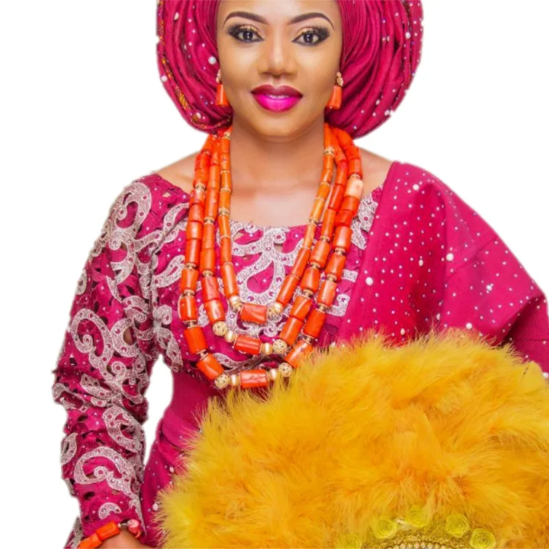URORU для женщин украшение с коралловыми бусинами Набор для Свадьба в Африканском нигерийском стиле Свадебные цепочки и ожерелья Серьги Браслет из натуральной Коралл