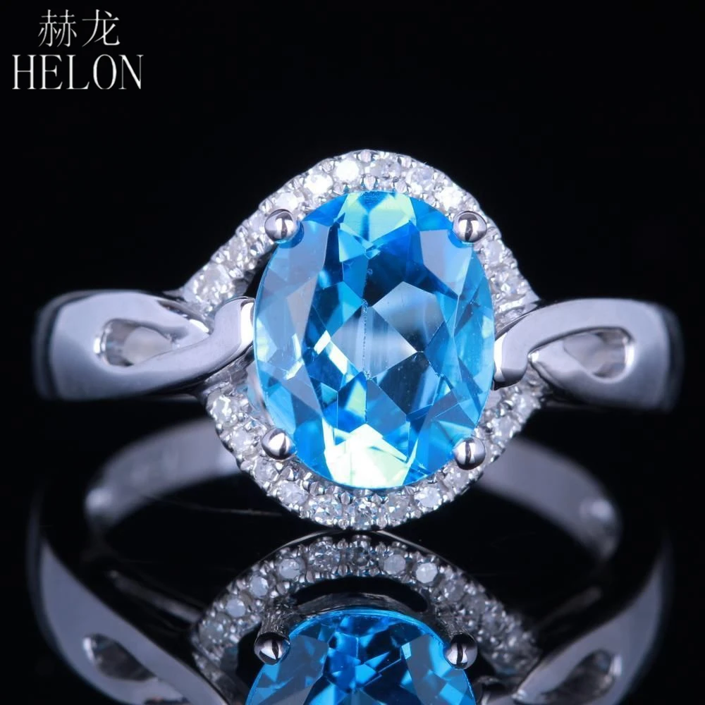 

HELON Solid 10k White Gold Oval 7x9mm Blue Topaz Real Diamonds Gemstone Ring Engagement Wedding Ring Women Trendy Fine Jewelry