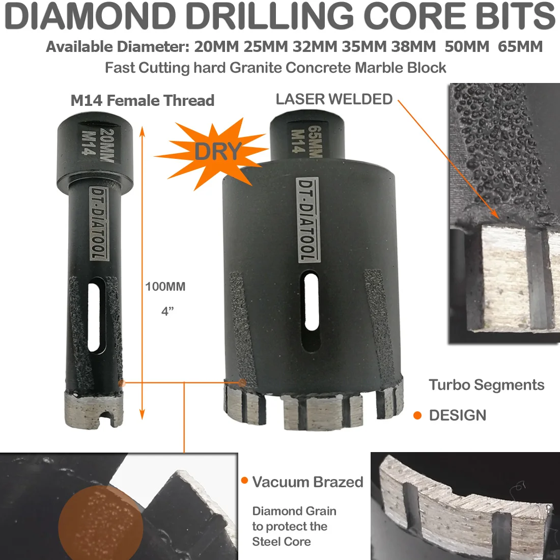 DT-DIATOOL 1 шт. Лазерная сварная турбо-сегментная сухая Алмазная кольцевая пила сухое сверление коронки M14 резьба для твердого гранита мрамора
