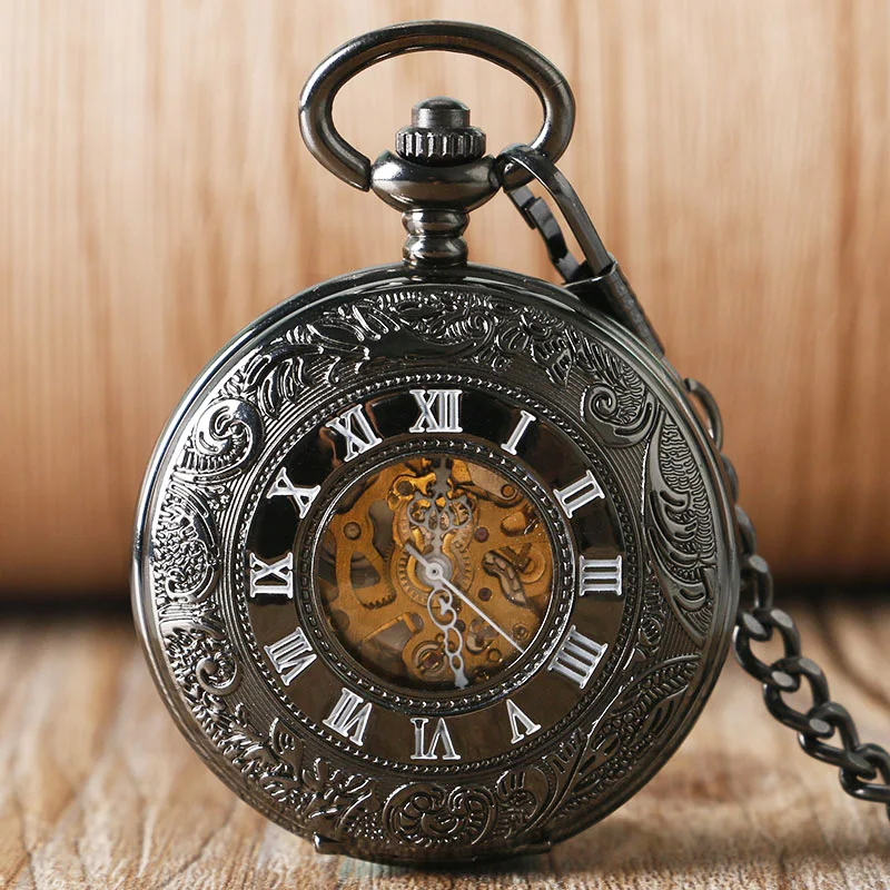 Steampunk Automatic Mechanical Pocket Watch Black Cool Luxury Stylish Vintage Carving Fob Chain Clock Retro Fashion