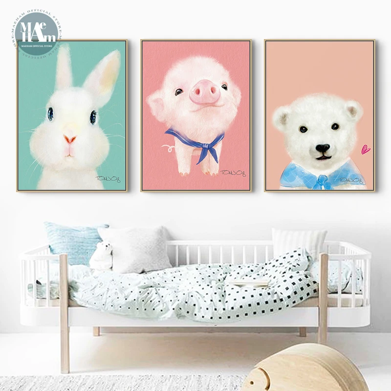 

Maeham Nordic Art bear rabbit pig Canvas Poster Painting Cartoon Animal Wall Picture Print Children Baby Wall Art Mural Unframed