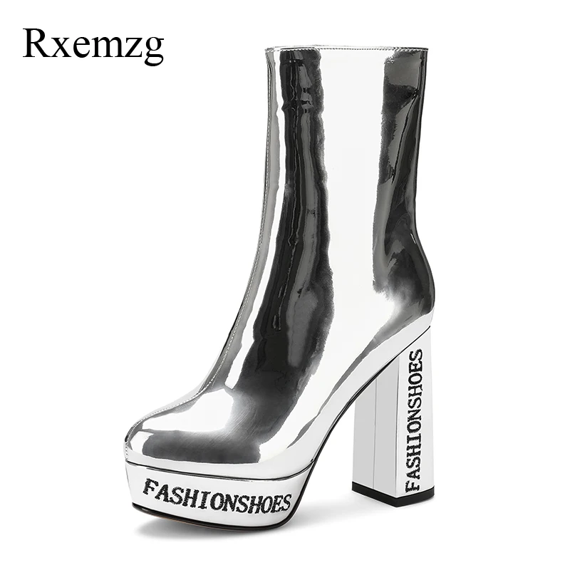 

Rxemzg warm winter boots women super high heels ankle boots for women fashion silver chunky high heels ZIP platform boots women