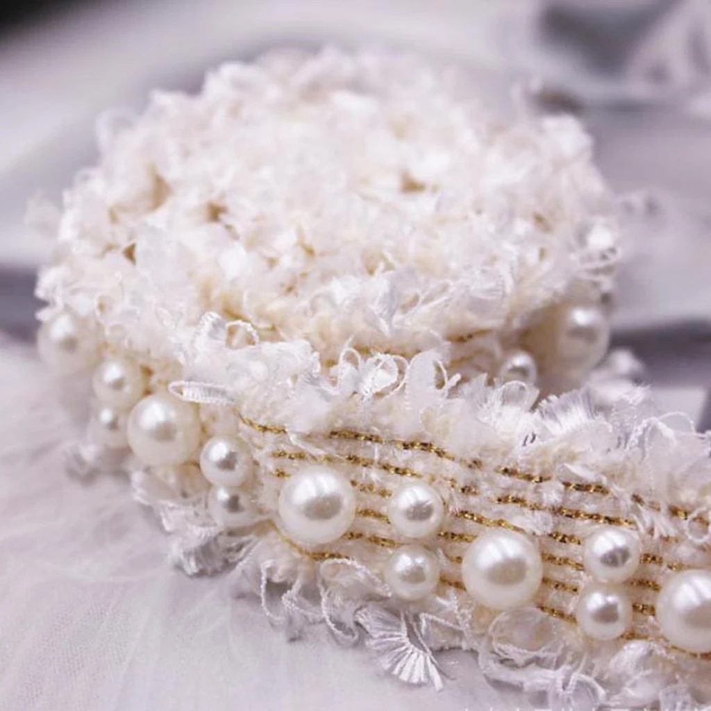 3pcs/1 Yards Handmade Pearl Beaded Embroidery Ribbon Lace Trim Embellishment for Wedding Party Christmas 3/4.5cm